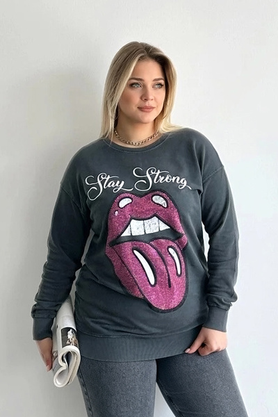 Stil Diva Crew Neck Printed WashaBle Sweatshirt - Sequin Detailed, Large Size 301252