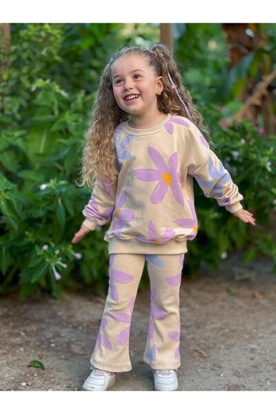 YİGİT BUTİK Yigit Boutique - Floral Patterned Girls' Tights and Top Set