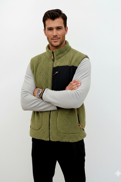 OXVİN Softshell Plush Vest Wool Lamb Welsoft Bone Zippered Pocket Detail (Full Size)