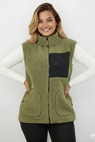 OXVİN Women's Softshell Furry Plush Vest Wool Lamb Welsoft Bone Zipper Pocket Detail (Full Size)