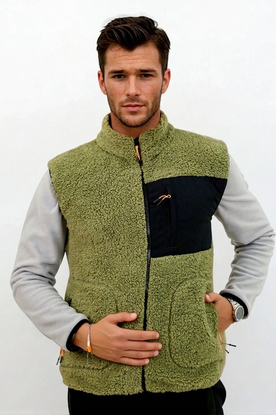 OXVİN Softshell Plush Vest Wool Lamb Welsoft Bone Zippered Pocket Detail (Full Size)