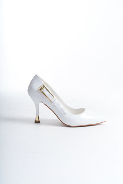 MARSEDO Piele lacuită albă - Pantofi stiletto pentru femei cu vârf ascuțit și detaliu cu cataramă
