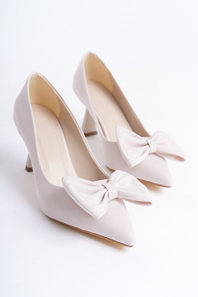 MARSEDO Stiletto de damă Luiza Beige - Tocuri înalte cu vârf ascuțit și fundă