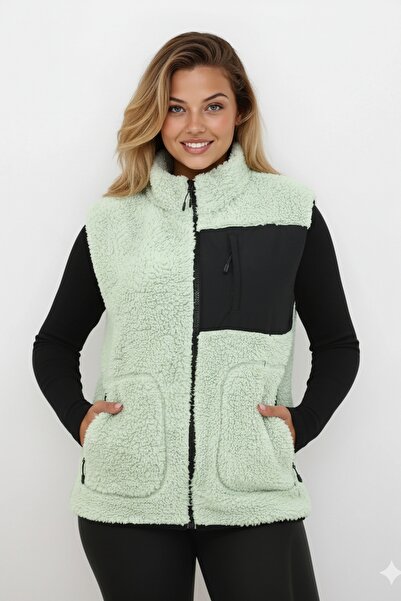 OXVİN Women's Softshell Furry Plush Vest Wool Lamb Welsoft Bone Zipper Pocket Detail (Full Size)