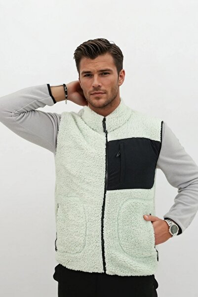OXVİN Softshell Plush Vest Wool Lamb Welsoft Bone Zippered Pocket Detail (Full Size)