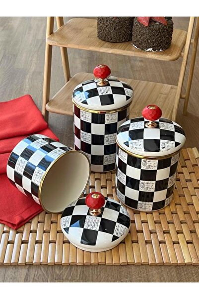 ROSSEV 3-Piece Checkerboard Enamel Jar Set