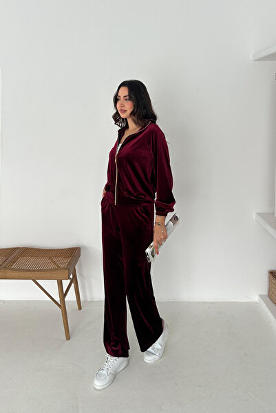 MODAMİNEM Women's Burgundy Zippered Velvet Tracksuit Set