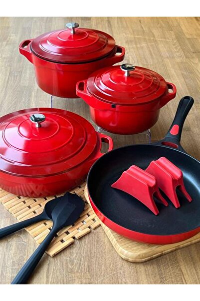 ROSSEV Cast Döküm Tencere Seti Kırmızı  7 Parça