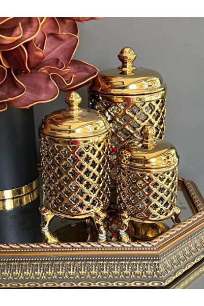 ROSSEV طقم مرطبان بغطاء مفرغ من الذهب مكون من 3 قطع