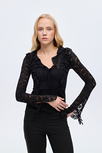 Quzu Ruffled V-Neck Lace Blouse Black