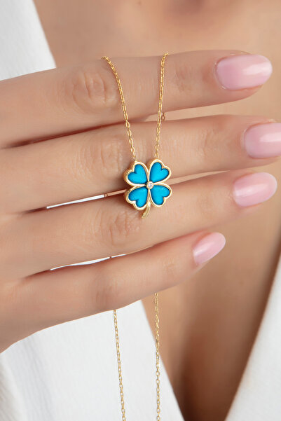 SARIASLAN Özel Tasarım 4 Yapraklı Yonca Gümüş Kolye 14 Ayar Altın Renginde