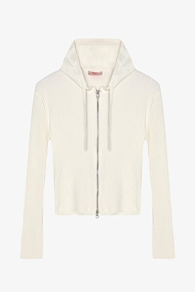 Quzu Zippered Hooded Knitwear Cardigan Ecru