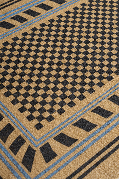 KARMAT Doormat, Black Checkered Pattern, Blue Striped Entrance Mat, Dowry Item, Housewarming Gift, Non-Slip Base