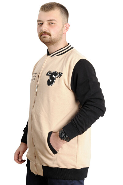 ModeXL Mode XL Large Size Ανδρικό Κολεγιακό Παλτό Μπουφάν με στάμπα 23631 Μπεζ