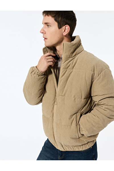 Koton Mock Neck Long Sleeve Pocket Detailed Zippered Corded Fabric Velvet Winter Puffer Coat