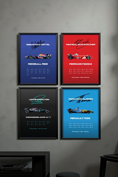 Wooden Factory 4'lü F1 Efsaneleri Siyah Çerçeveli Tablo Set - Schumacher, Hamilton, Alonso, Vettel