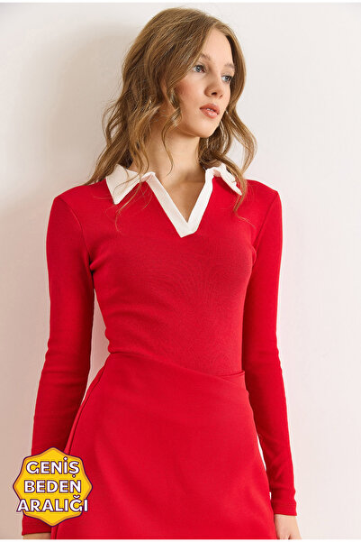 Olalook Women's Red White Color Block Polo Neck Cotton Stretchy Blouse Blz-19003104