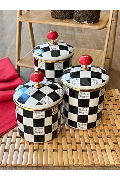ROSSEV 3-Piece Checkerboard Enamel Jar Set