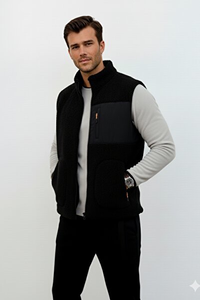 OXVİN Softshell Plush Vest Wool Lamb Welsoft Bone Zippered Pocket Detail (Full Size)