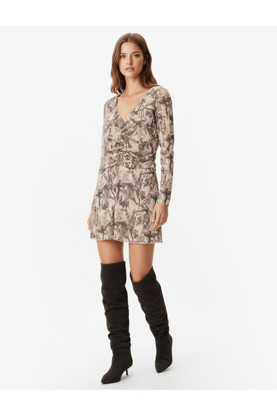 Koton Mini rochie cu decolteu în V, cu mâneci lungi, cu volan, A croială Floral