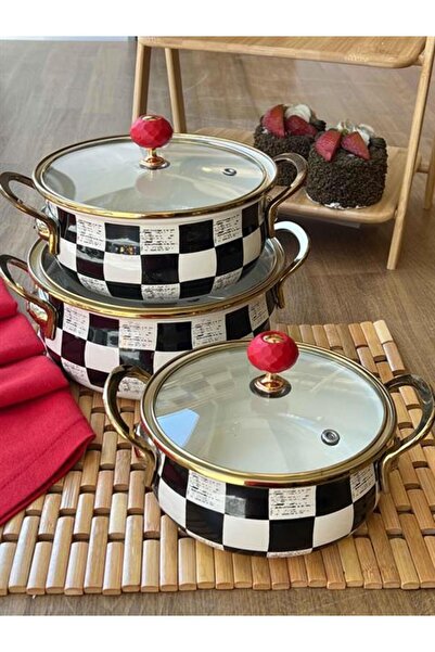 ROSSEV 3-Piece Checkerboard Enamel Pot Set