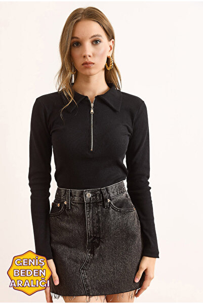 Olalook Bluză elastică cu mânecă lungă, cu fermoar, cu guler polo, neagră, pe...