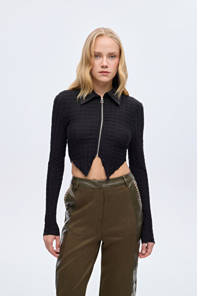 Quzu Seersucker Textured Zippered Crop Blouse Black