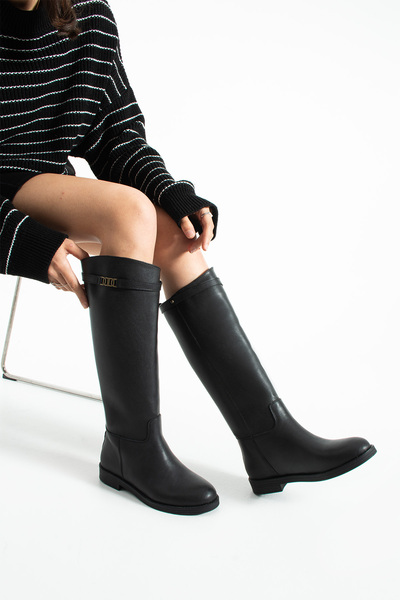 DUXAL SHOES Dámské černé kozačky pod kolena s plochou podrážkou