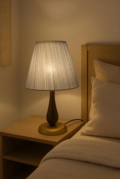 Solea Home Design Organze Kumaş Gri Abajur | Gold Gövdeli Modern Tasarım