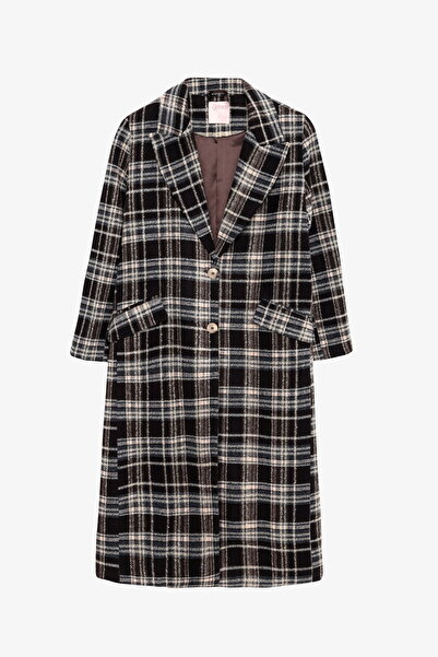 Quzu Plaid Buttoned Oversized Cashmere Coat Brown