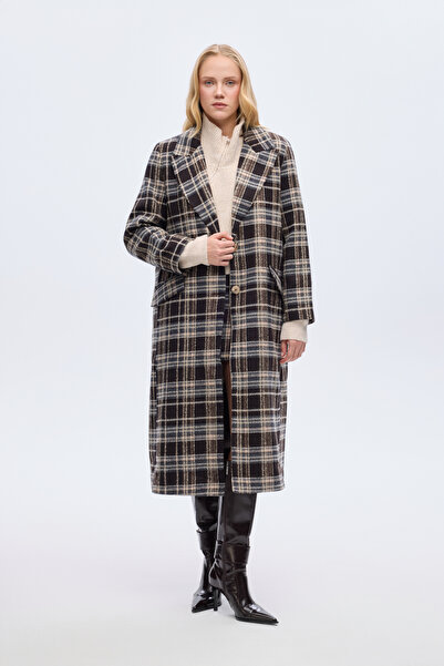 Quzu Plaid Buttoned Oversized Cashmere Coat Brown