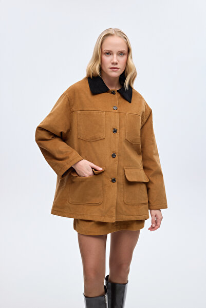 Quzu Contrast Collar Pocketed Oversized Velvet Jacket Brown