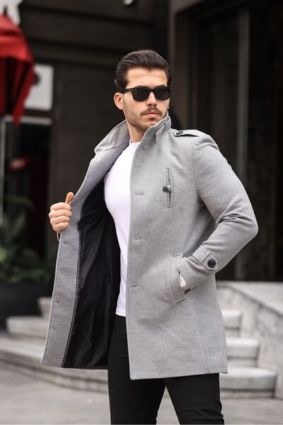 Mero Life Pánský světle šedý kabát Slim Fit s dlouhým lemem