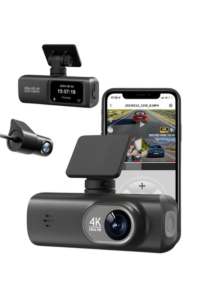 QOVU Cameră de bord DVR 4K față 1080P spate/interior, WiFi & Aplicatie, Senzor Coliziune