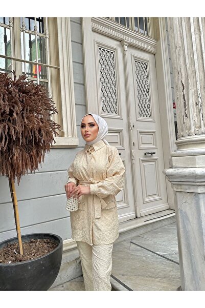 comstar Women's Jacquard Waist Belted Pocket Stone Bottom Top Set