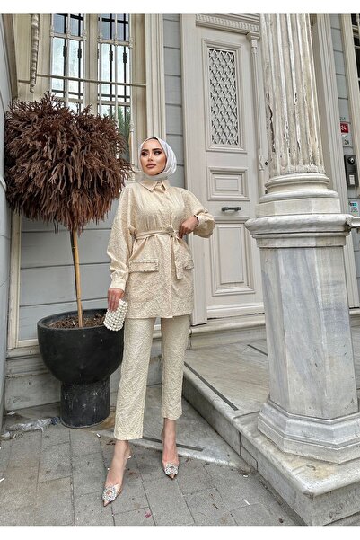 comstar Women's Jacquard Waist Belted Pocket Stone Bottom Top Set