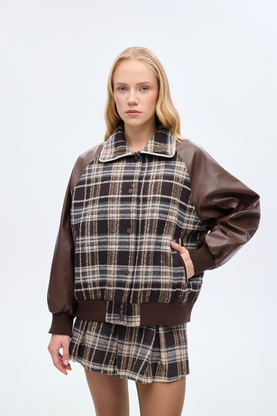 Quzu Leather Paneled Plaid Oversized Bomber Jacket Brown