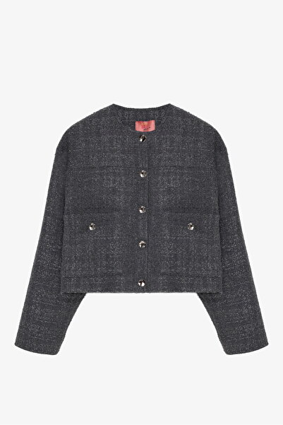 Quzu Round Neck Pocket Tweed Jacket Anthracite