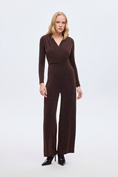Quzu Glittery Double-Breasted Collar Long Jumpsuit Brown