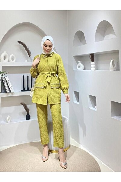 comstar Women's Jacquard Waist Belted Pocket Stone Bottom Top Set