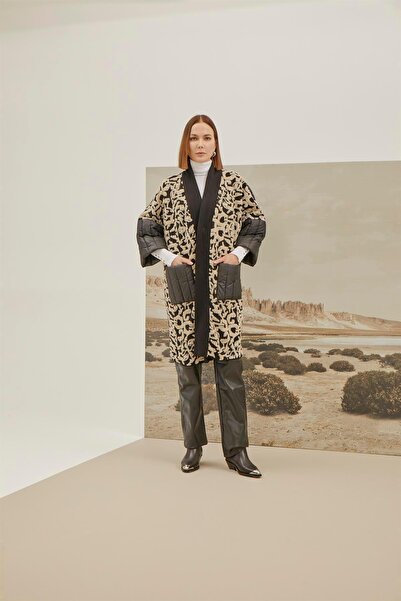 Uludağ Triko Γυναικείο μαύρο καπιτονέ μπουφάν με υφή