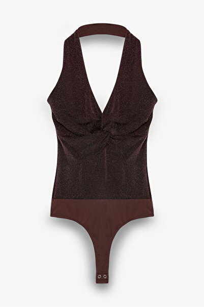 Quzu Glitter Drape Knotted Bodysuit Brown