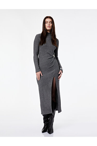 Koton X Şahika Ercümen - Mock Neck Midi Pencil Dress with Long Sleeves and Metal Accessories Slit