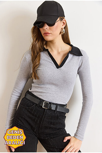 Olalook Women's Gray Black Color Block Polo Neck Cotton Stretchy Blouse Blz-19003104