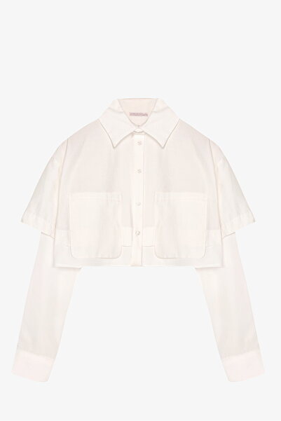 Quzu Double Layer Look Crop Shirt Ecru