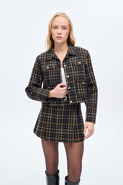 Quzu Double Pocket Buttoned Tweed Jacket Black