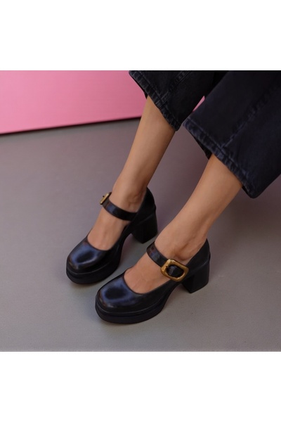 Jarrox Balerini de damă cu detaliu cu cataramă neagră, cu toc gros, cu talpă ...