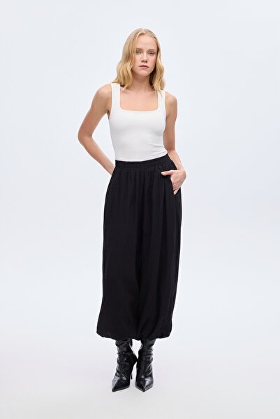 Quzu Elastic Waist Pleated Baggy Trousers Black