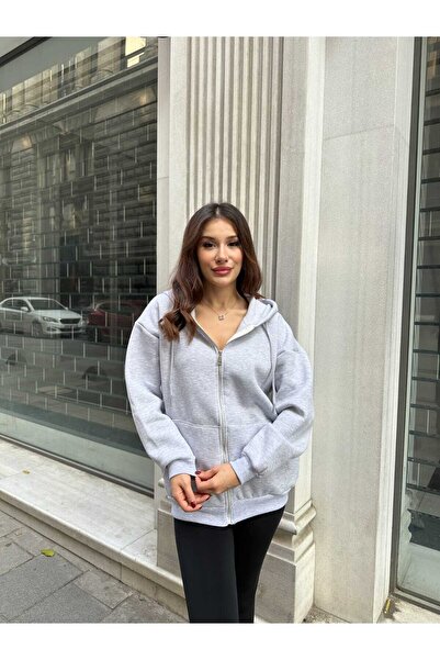 schlank سترة نسائية ذات قلنسوة وغطاء للرأس من الصوف باللون الرمادي الفاتح مع ...