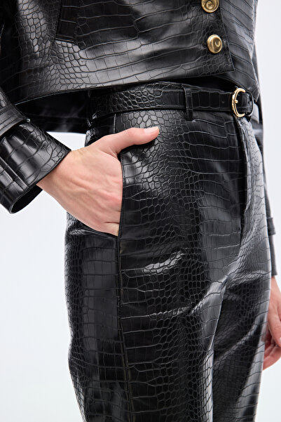 Quzu Crocodile Patterned Wide Leg Leather Trousers Black